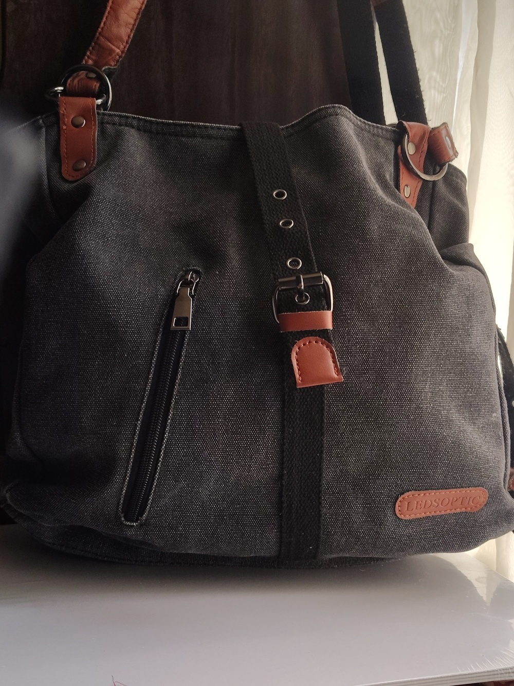 Ledscopic Canvas Tote Bag with Brown Leather Accents - Gray & Brown